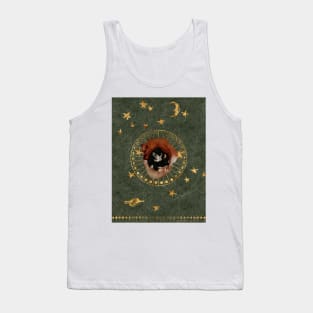 Circle of Life Watercolor : Gold Foils Stars in a Goblincore green sky with a Gemini constellation A rabbit and a fox circle around a barn owl Tank Top